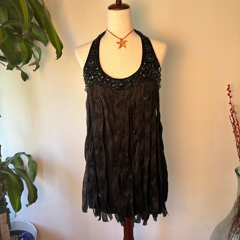 Bebe Black Beaded Fringe Halter Mini Dress Indie Sleaze Whimsygoth Medium